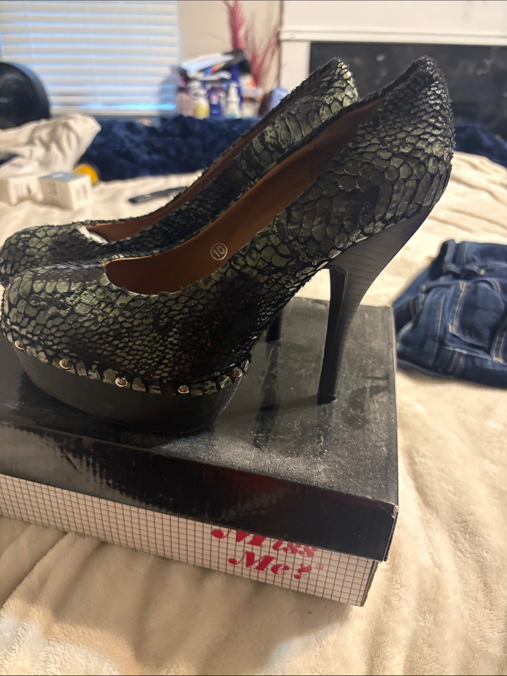 Miss Me Metallic Green Snake-Print Platform Pumps
